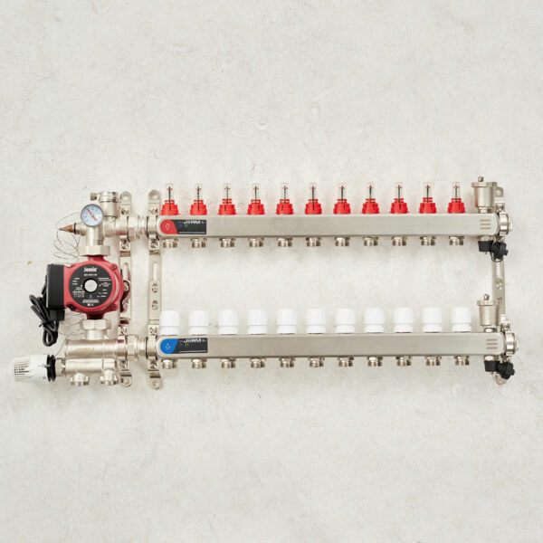 Коллектор для теплого пола JERM Коллектор с расходомерами на 11 контуров. Смесительный узел от 20-60С. Циркуляционный насос 25/6/130мм. До 130кв/м.