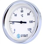STOUT SIM-003 Термометр биметаллический с погружной гильзой. Корпус Dn 80 мм, гильза 50 мм, резьба с самоуплотнением 1/2″, 0…120°С — фото 1