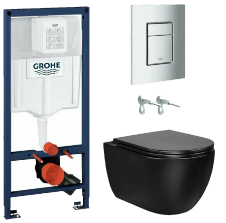 Инсталляция GROHE Rapid SL 38772001 с унитазом Bahenberg Melle B20-11MB, комплект 5 в 1, панель смыва, хром глянец