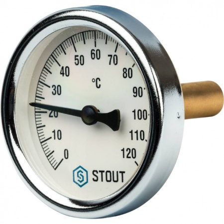 STOUT SIM-0003 Термометр биметаллический с погружной гильзой. Корпус Dn 63 мм, гильза 50 мм, резьба с самоуплотнением 1/2″, 0…120°С