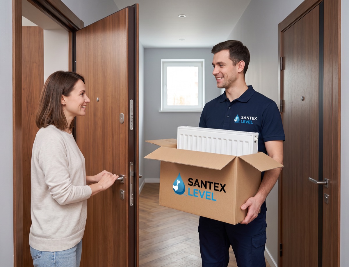 Экспедитор Santex Level передаёт радиатор покупательнице у двери квартиры