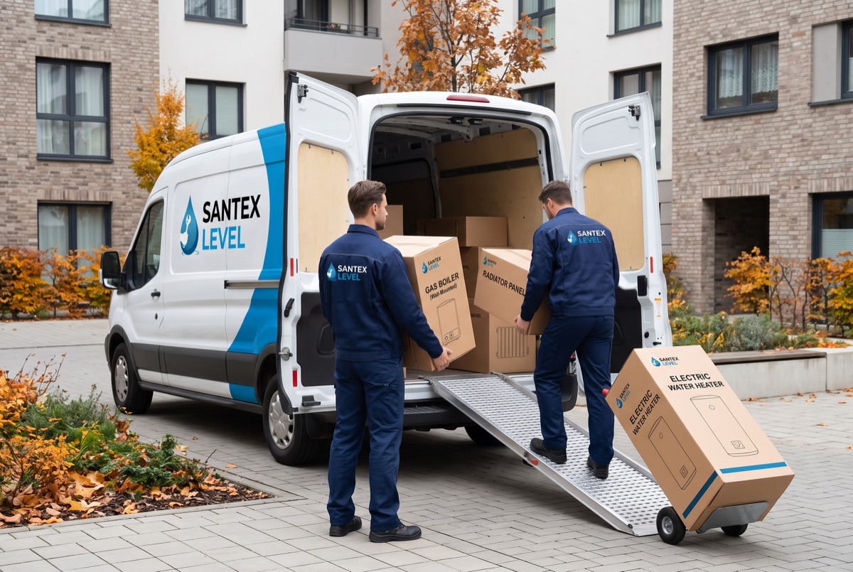 Экспедиторы Santex Level разгружают котёл, радиаторы и водонагреватель из фургона